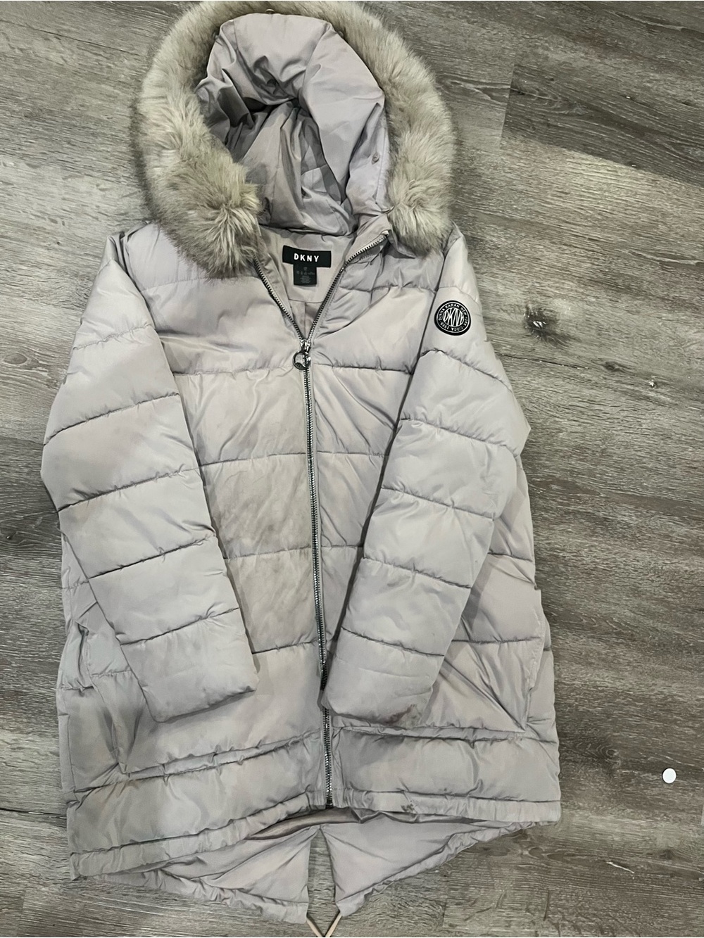 Donna Karan Light Gray Quilted Puffer Coat with Faux Fur Hood